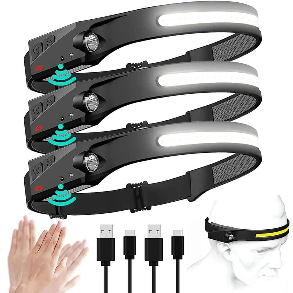 USB Rechargeable LED Headlamp Waterproof Motion Sensor for Camping