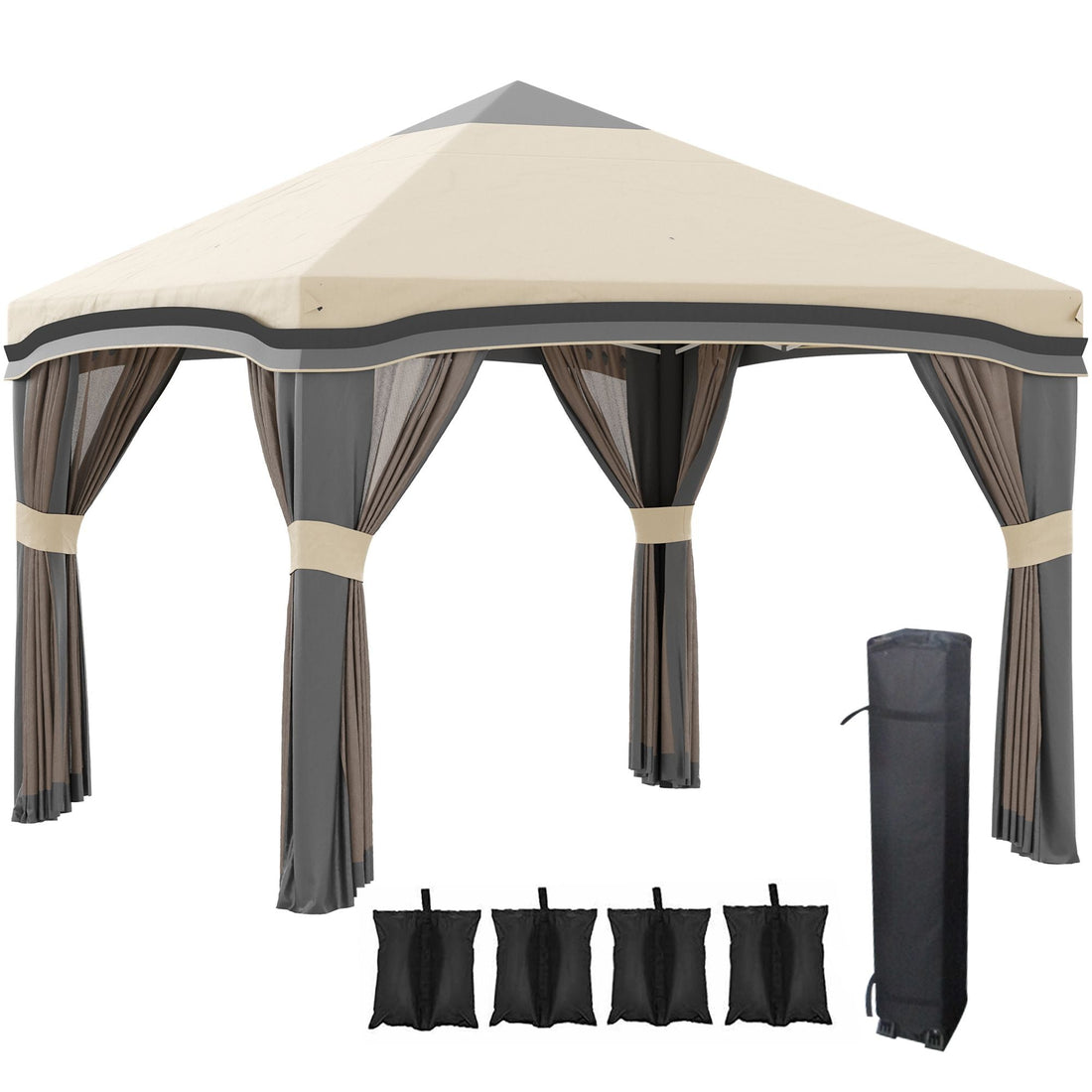10x10 Pop Up Canopy, Netting, Foldable, Height Adjustable, Wheeled Carry Bag, 4 Sand Bags, Beige